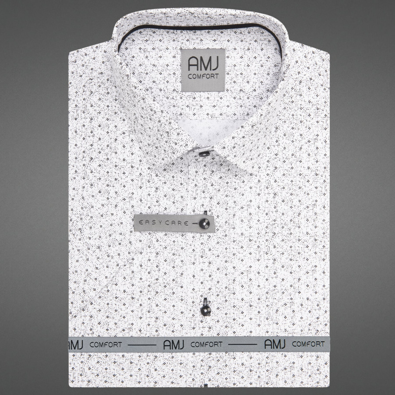AMJ Pánská košile bavlněná, bílá, černě kropenatá, VKSBR1447, krátký rukáv, slim fit, vel. 40
