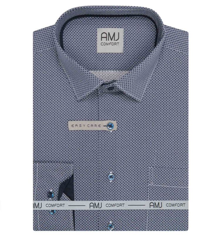 Pánská košile AMJ bavlněná, modrá vzorovaná VDSBR1478, dlouhý rukáv, slim fit, vel. 43