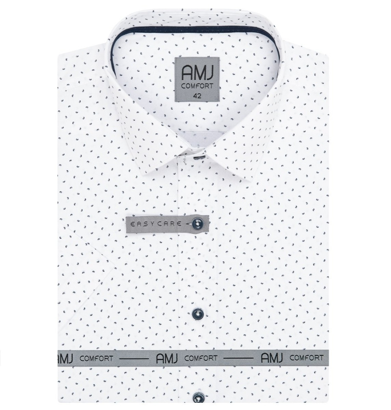 AMJ Pánská košile bavlněná, bílá s drobnými písmenky VKBR1275, krátký rukáv, slim-fit, vel. 45