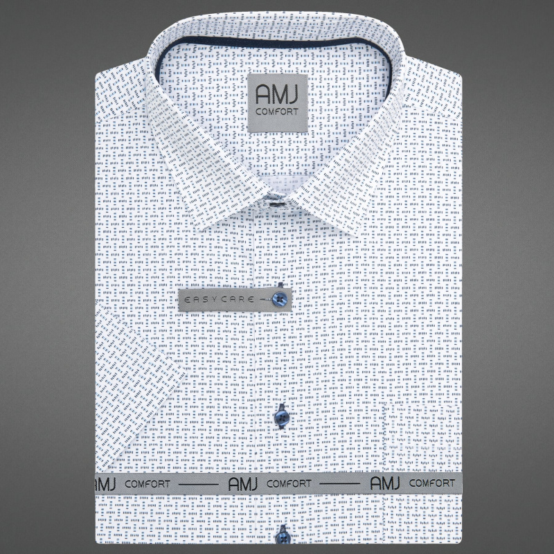 AMJ Pánská košile bavlněná, bílá, modré čárky, VKSBR1442, krátký rukáv, slim fit, vel. 45