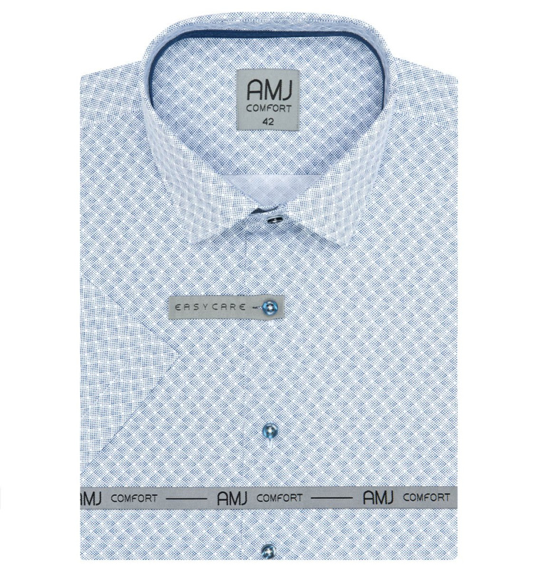 AMJ Pánská košile AMJ bavlněná, modré puntíky na bílé, VKBR1279, krátký rukáv, regular fit, vel. 44