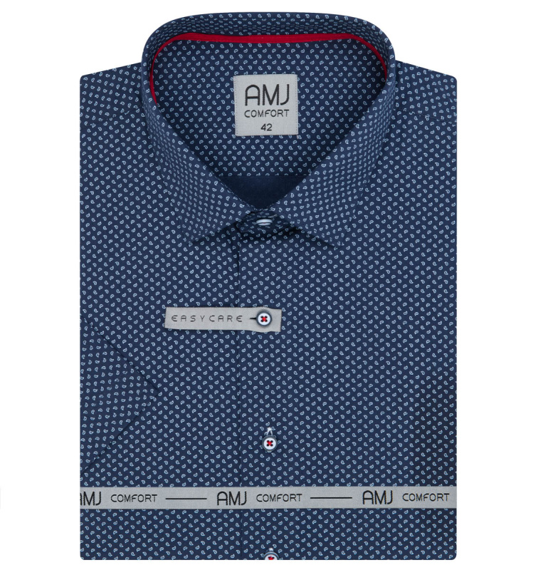 AMJ Pánská košile AMJ bavlněná, tmavě modrá se slzičkami, VKSBR1282, krátký rukáv, slim fit, vel. 44