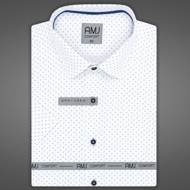 AMJ Pánská košile bavlněná, bílá s tečkovanými křížky VKSBR1287, krátký rukáv, slim-fit, vel. 42