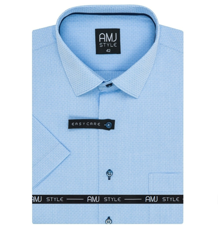 AMJ Pánská košile, světle modrá s vytkávaným síťovaným vzorem, VKSR1290, krátký rukáv, slim-fit, vel. 41