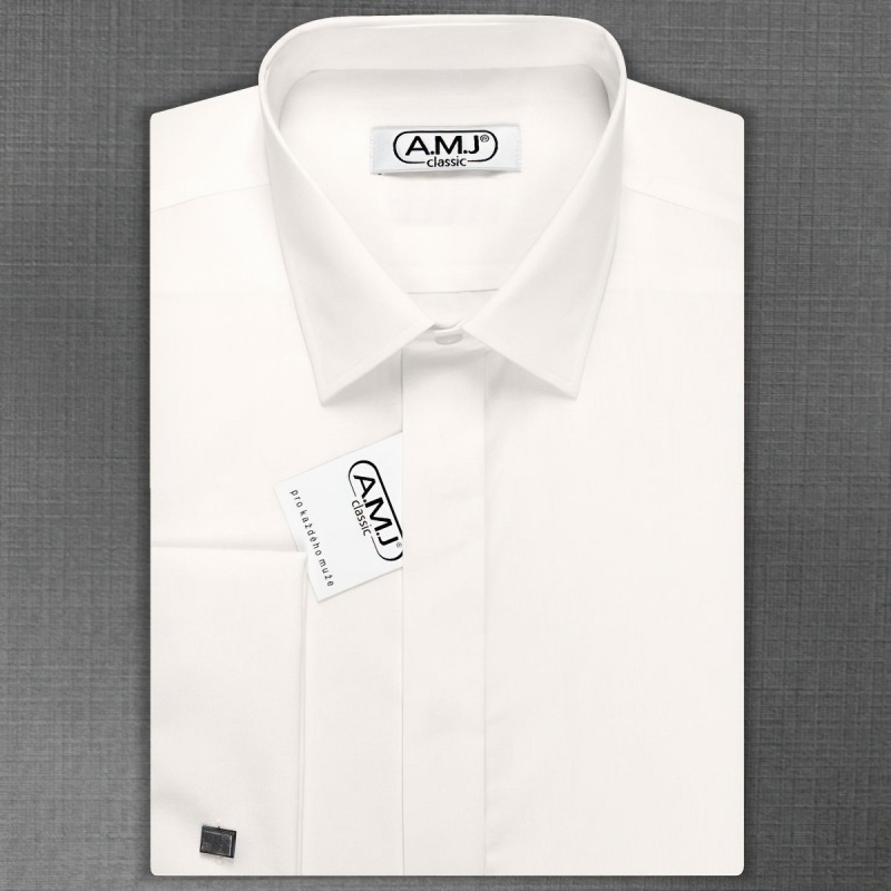 Pánská košile AMJ na manžetové knoflíčky, smetanová JDSA016MK, dlouhý rukáv, slim fit, vel. 40