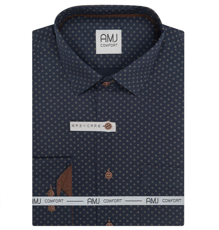Pánská košile AMJ bavlněná, tmavě modrá s květy VDSBR1479, dlouhý rukáv, slim fit, vel. 43