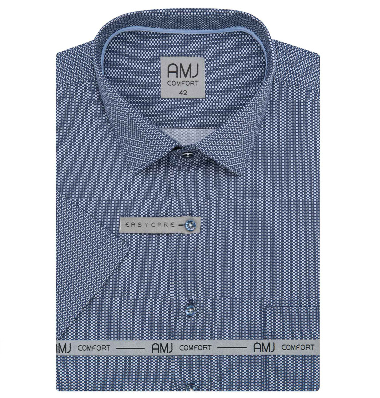 AMJ Pánská košile bavlněná, modrá, bílá zrna, VKSBR1501, krátký rukáv, slim fit, vel. 38