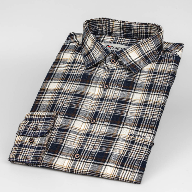 AMJ Pánská košile GREED flanelová, béžovo-modrá károvaná SDF383, dlouhý rukáv, vel. 46