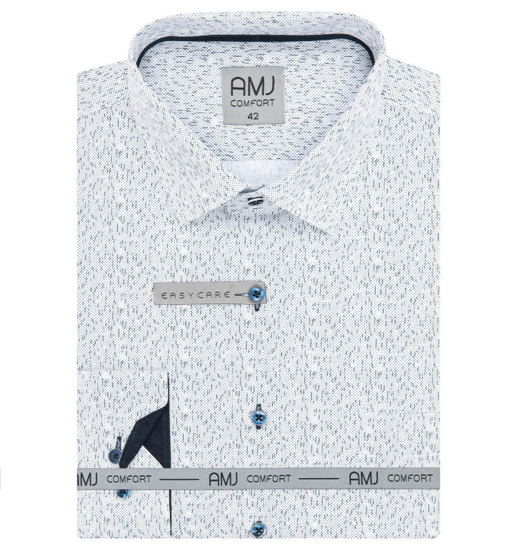Pánská košile AMJ bavlněná, bílá, modře puntíkovaná vzorovaná, VDSBR1310, dlouhý rukáv slim fit, vel. 44
