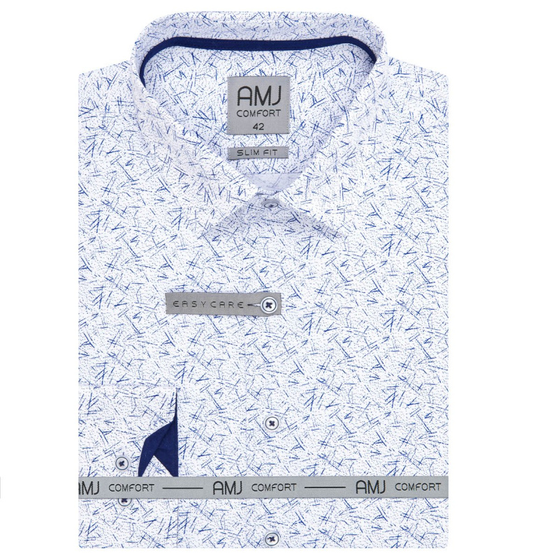 Pánská košile AMJ bavlněná, bílá modře vzorovaná, VDBPSR1311, dlouhý rukáv, prodloužená délka, slim fit, vel. 41