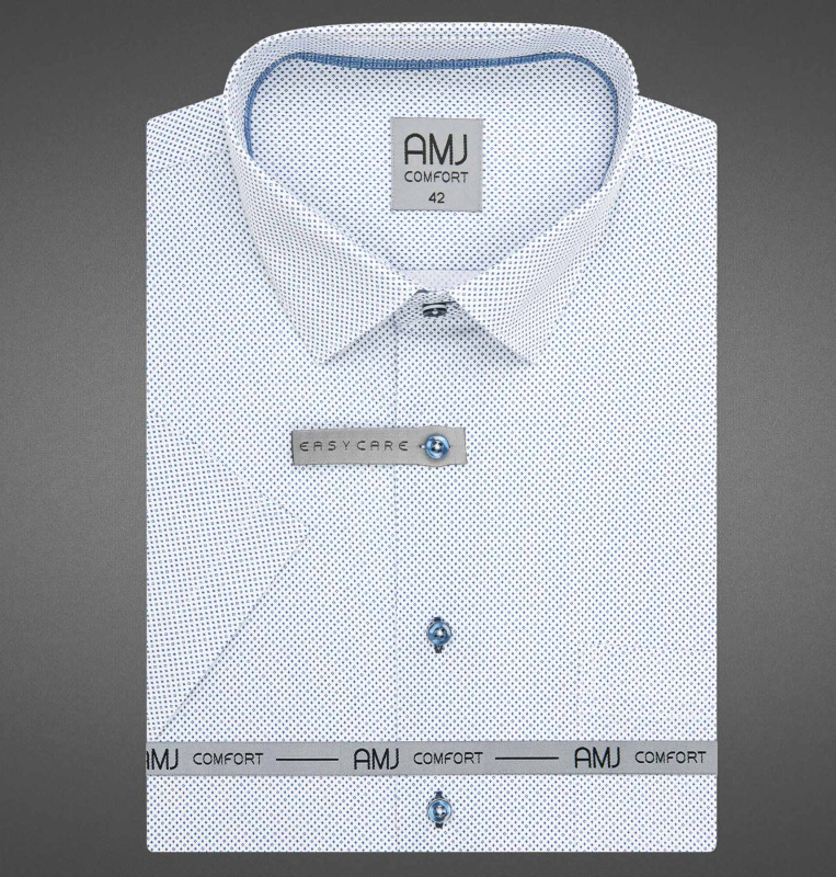 AMJ Pánská košile bavlněná, bílá, modré kostičky, VKSBR1450, krátký rukáv, slim fit, vel. 44