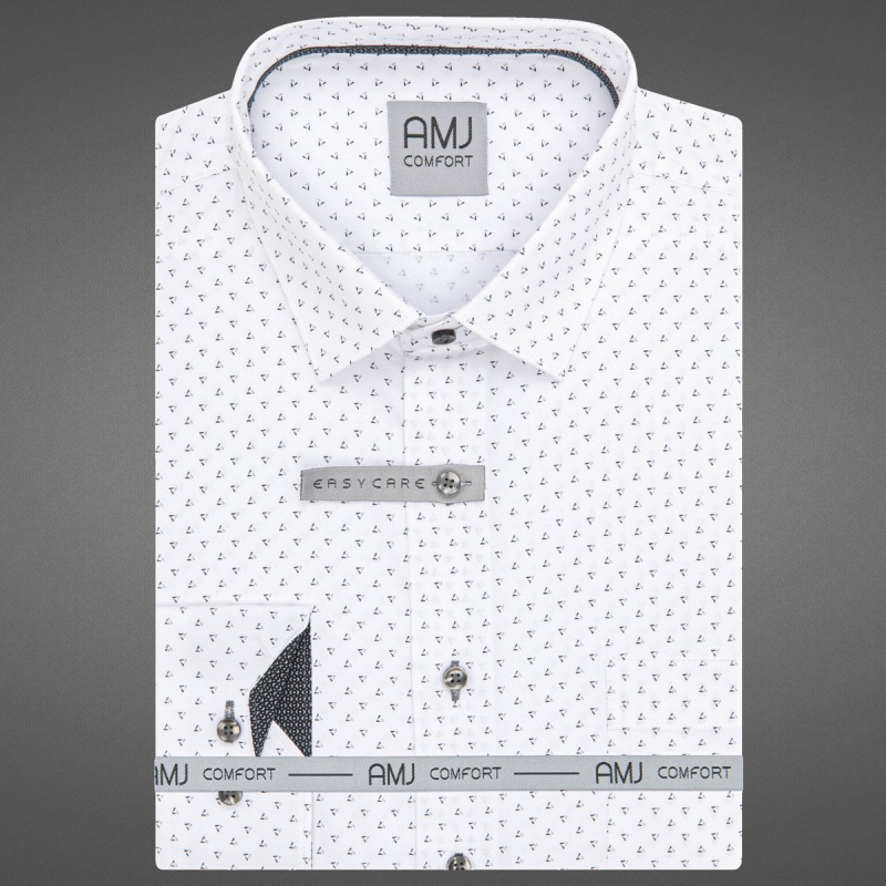 Pánská košile AMJ bavlněná, bílá s černými trojúhelníčky, VDBR1329, dlouhý rukáv, regular fit, vel. 51/52