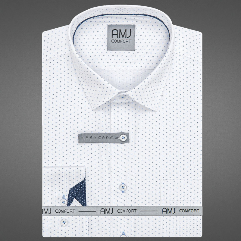 Pánská košile AMJ bavlněná, bílá s modrými tečkovanými trojúhelníky VDBR1351, dlouhý rukáv, regular fit, vel. 45