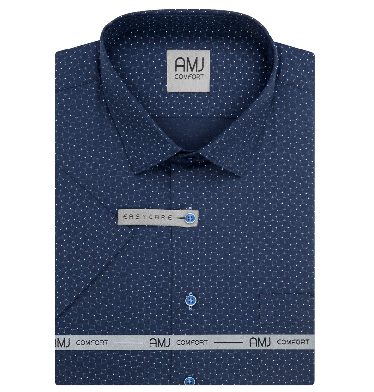 AMJ Pánská košile bavlněná, tmavě modrá s kolečky VKB1439, krátký rukáv, regular fit, vel. 47/48 (nadměrná)