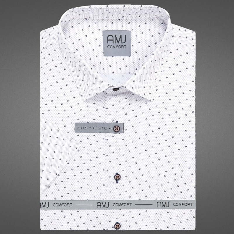 AMJ Pánská košile AMJ bavlněná, bílá vzorovaná, VKB1369, krátký rukáv, slim-fit, vel. 42