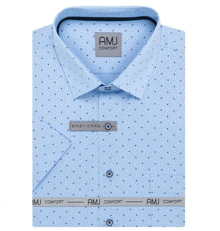 AMJ Pánská košile bavlněná, světle modrá s tečkami a čárkami, VKSBR1372, krátký rukáv, slim fit, vel. 41
