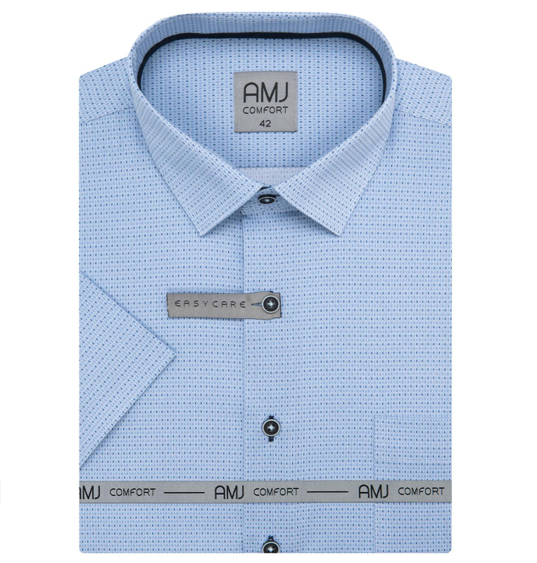 AMJ Pánská košile bavlněná, světle modrá, modré oválky a puntíky, VKSBR1498, krátký rukáv, slim fit, vel. 43