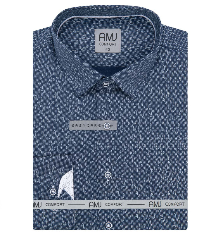 Pánská košile AMJ bavlněná, tmavě modrá s bílým prší vzorem VDSBR1382, dlouhý rukáv, slim fit, vel. 43