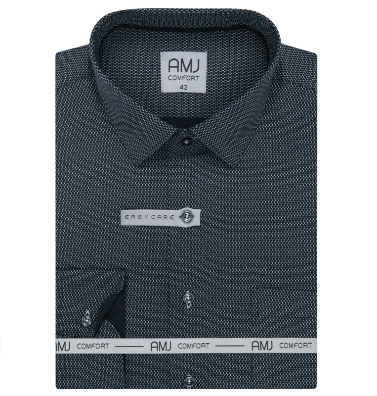 Pánská košile AMJ bavlněná, černá s bílými šestiúhelníky, VDSBR1383, dlouhý rukáv, slim fit, vel. 42