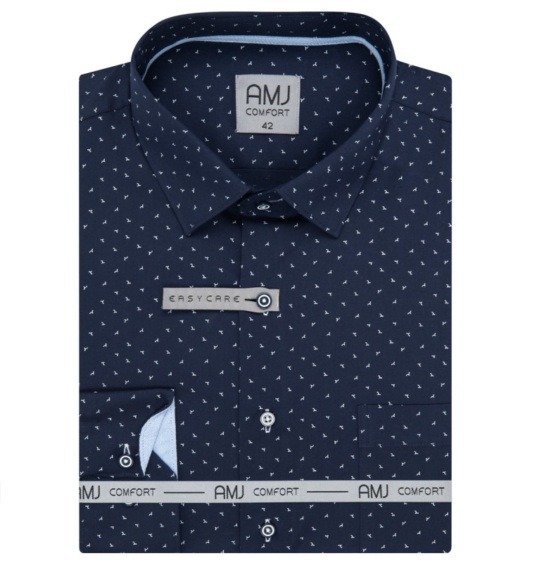 Pánská košile AMJ bavlněná, tmavě modrá s bílými vlnkami, VDSBR1387, dlouhý rukáv, slim fit, vel. 42