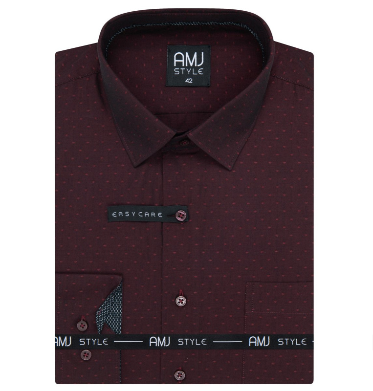 Pánská košile AMJ bavlněná, vínová hrubě tečkovaná, VDR1389, dlouhý rukáv, regular fit, vel. 44
