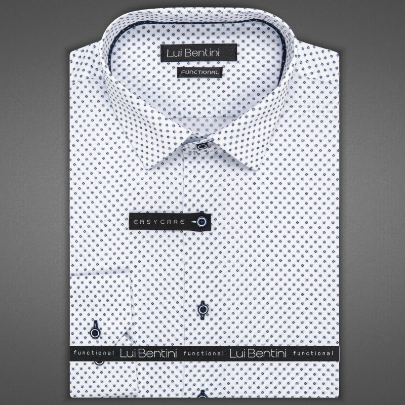 AMJ Pánská košile Lui Bentini FUNCTIONAL z lyocellu (na léto), bílá s tmavě modrými kolečky s tečkami LDSF238, dlouhý rukáv, slim fit, vel. 41