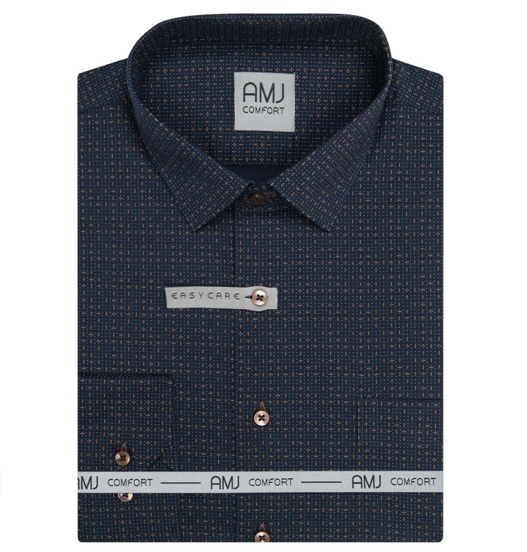 Pánská košile AMJ bavlněná, tmavě modrá s béžovými čárkovanými puntíky VDB1466, dlouhý rukáv, regular fit, vel. 51/52