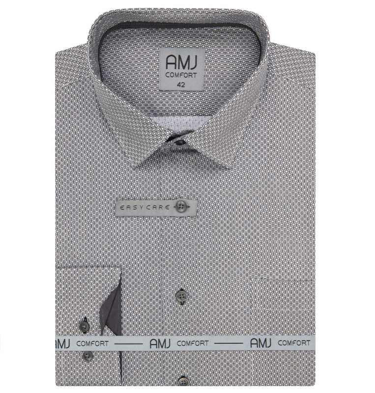 Pánská košile AMJ bavlněná, šedá kostičkovaná VDBPSR1392, dlouhý rukáv, prodloužená délka, slim fit, vel. 41