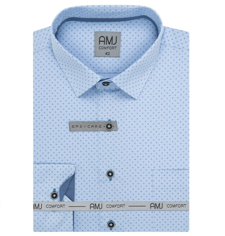 Pánská košile AMJ bavlněná, světle modrá s tečkovanými pětiúhelníky VDSBR1393, dlouhý rukáv, slim fit, vel. 41