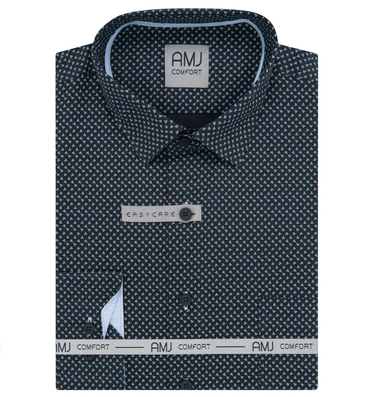 Pánská košile AMJ bavlněná, černá s bílými trojúhelníky VDBR1395, dlouhý rukáv, regular fit, vel. 51/52