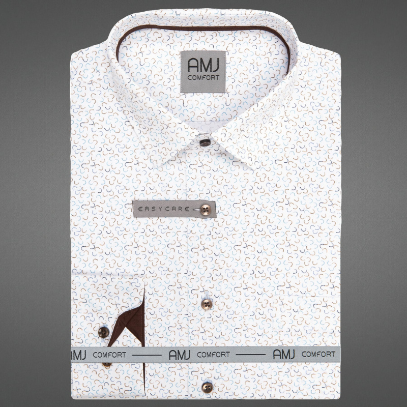 Pánská košile AMJ bavlněná, bílá s vlnkami VDBPSR1485, dlouhý rukáv, prodloužená délka, slim fit, vel. 43