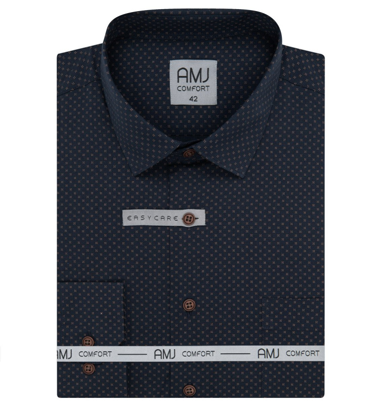 Pánská košile AMJ bavlněná, tmavě modrá s béžovými křížky VDSB1397, dlouhý rukáv, slim fit, vel. 42
