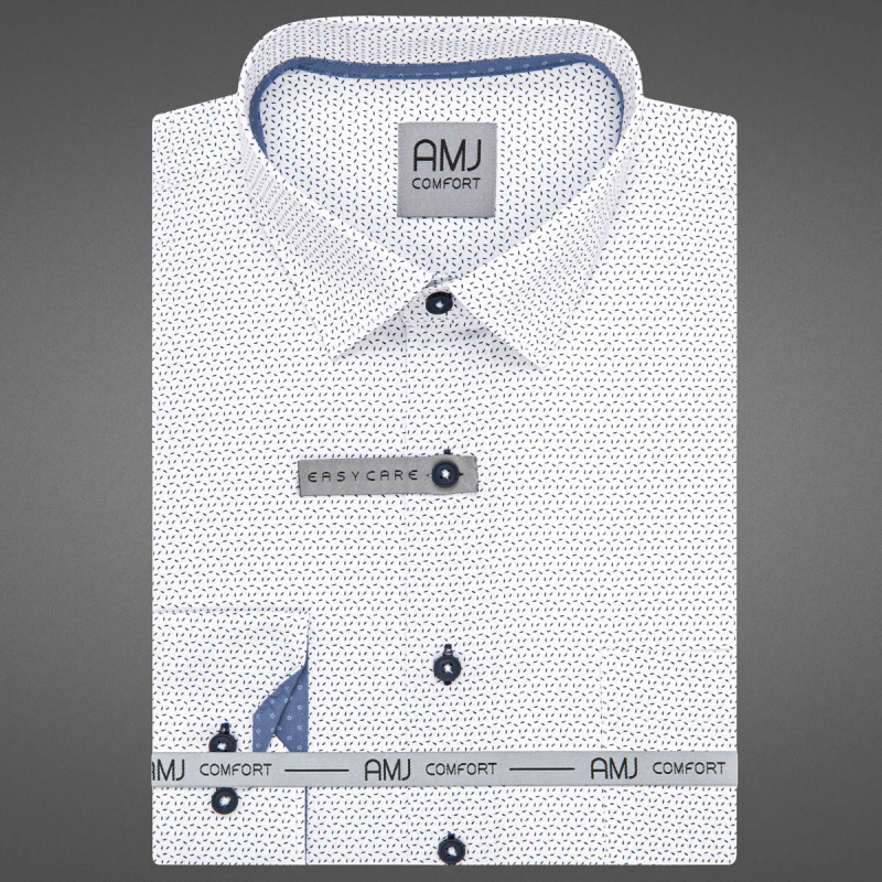 Pánská košile AMJ bavlněná, bílá - tmavě modře kropenatá VDBPSR1403, dlouhý rukáv, prodloužená délka, slim fit, vel. 42