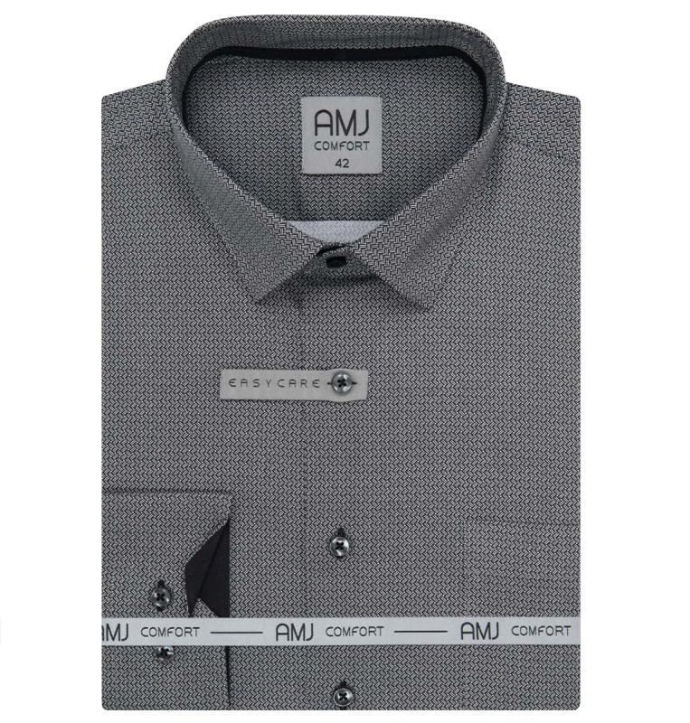 Pánská košile AMJ bavlněná, šedá s hustým čárkovaným cikcak vzorem VDSBR1406, dlouhý rukáv, slim fit, vel. 38