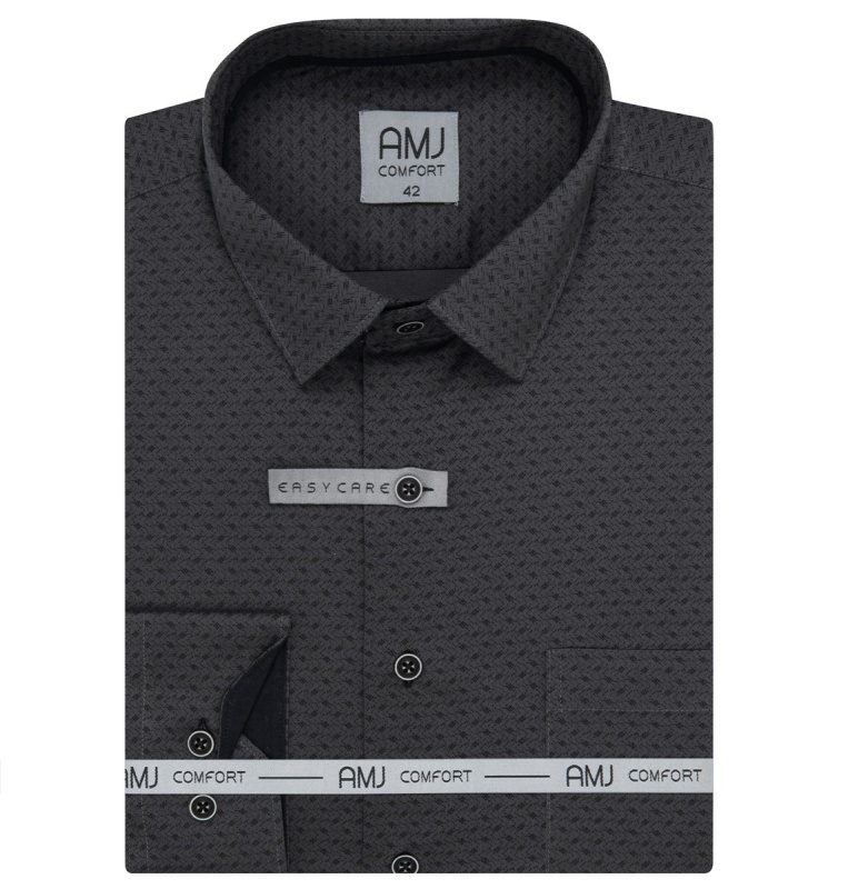 Pánská košile AMJ bavlněná, tmavě šedá s čárkovaným cikcak vzorem VDBPR1408, dlouhý rukáv, prodloužená délka, vel. 42