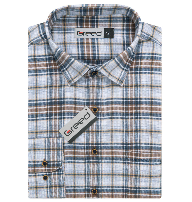 AMJ Pánská košile GREED flanelová, béžovo-modro-bílá károvaná SDF390, dlouhý rukáv, regular fit, vel. 46