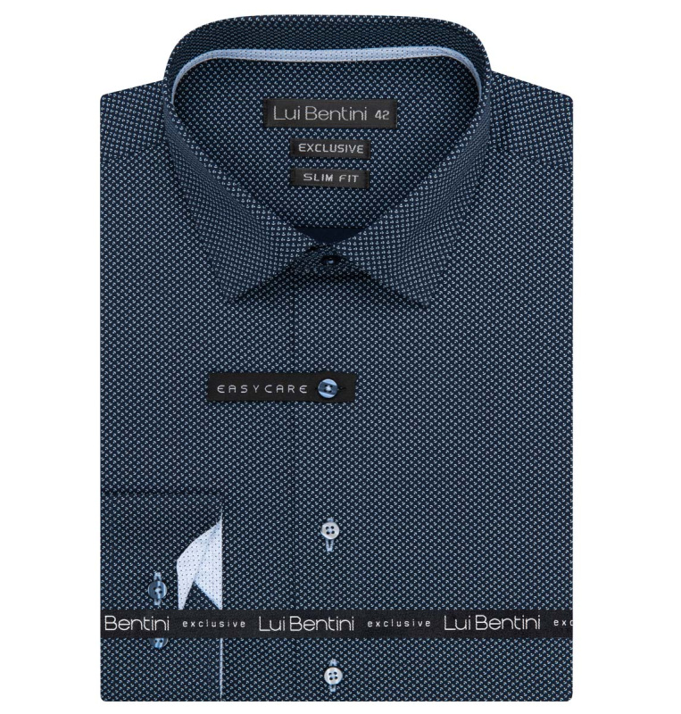 Pánská košile Lui Bentini, tmavě modrá s bílými vlnkami s tečkami LDS243, dlouhý rukáv, slim fit, vel. 44