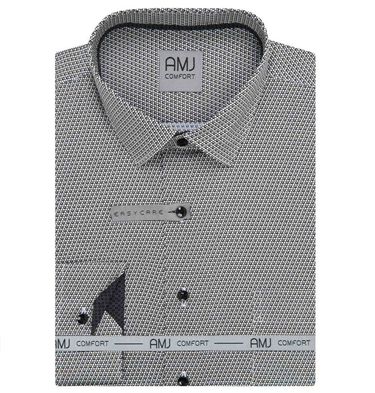 Pánská košile AMJ bavlněná, šedá kostičkovaná VDBPR1410, dlouhý rukáv, prodloužená délka, vel. 46