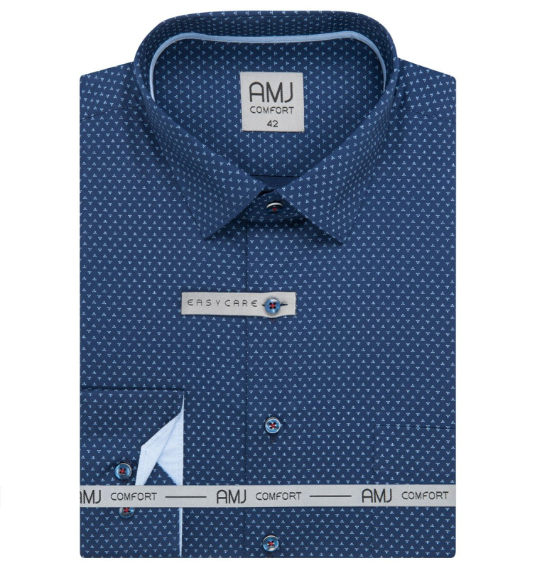 Pánská košile AMJ bavlněná, modrá se světle modrými trojúhelníčky VDBPR1411, dlouhý rukáv, prodloužená délka, vel. 41