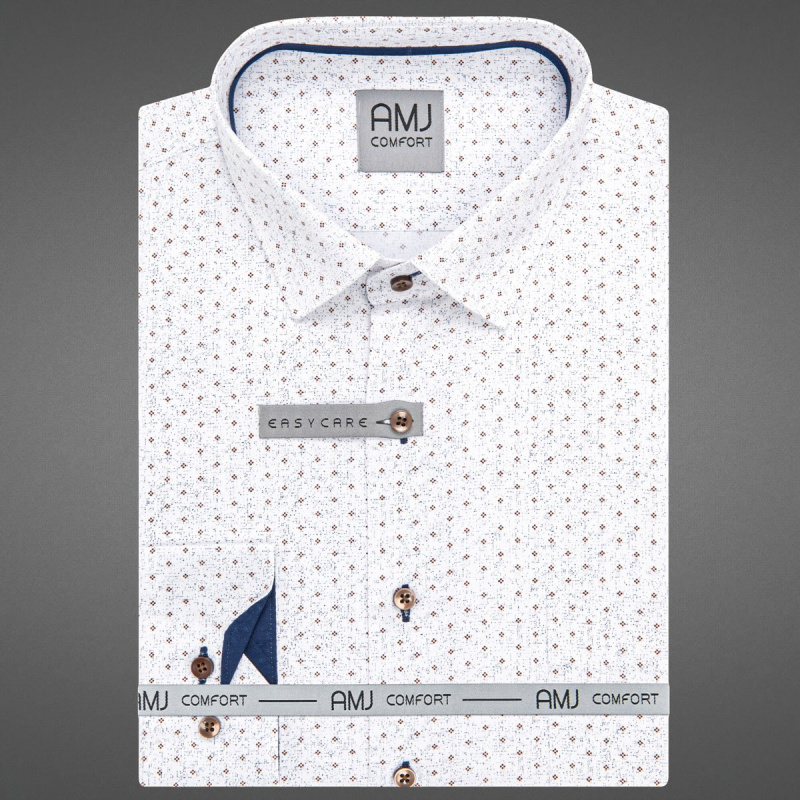 Pánská košile AMJ bavlněná, bílá s béžovými tečkami VDBR1414, dlouhý rukáv, regular fit, vel. 41