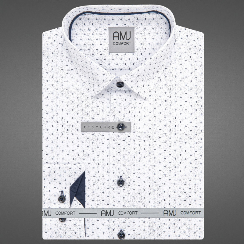 Pánská košile AMJ bavlněná, bílá s tmavě modrými tečkami VDBPR1416, dlouhý rukáv, prodloužená délka, vel. 46