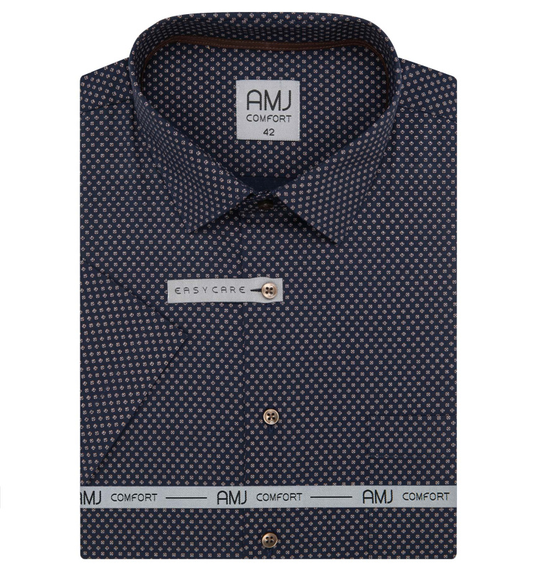 AMJ Pánská košile bavlněná, tmavě modrá, hnědé kytičky, VKSBR1499, krátký rukáv, slim fit, vel. 43