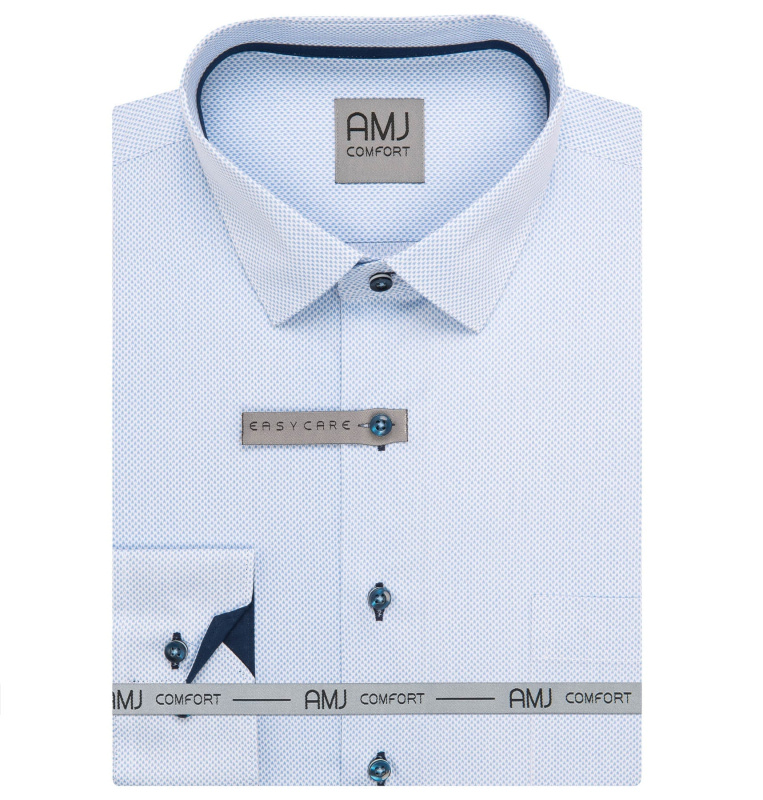 Pánská košile AMJ bavlněná, světle modrá síťovaná VDBPSR1419, dlouhý rukáv, prodloužená délka, slim fit, vel. 40