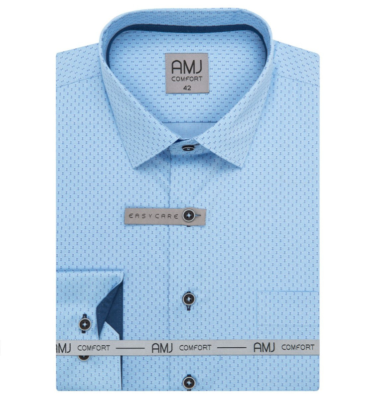 Pánská košile AMJ bavlněná, světle modrá s vlnkami a tečkami VDSBR1421, dlouhý rukáv, slim fit, vel. 40