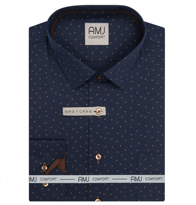 Pánská košile AMJ z lyocellu, tmavě modrá s hnědými dvojčárkami VDER1487, dlouhý rukáv, regular fit, vel. 41
