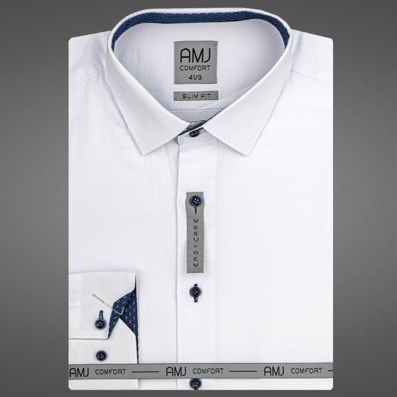 AMJ Pánská košile bavlněná, bílá vytláčený vzor, VDBPSR1154/22, dlouhý rukáv, prodloužená délka, slim fit, vel. 42