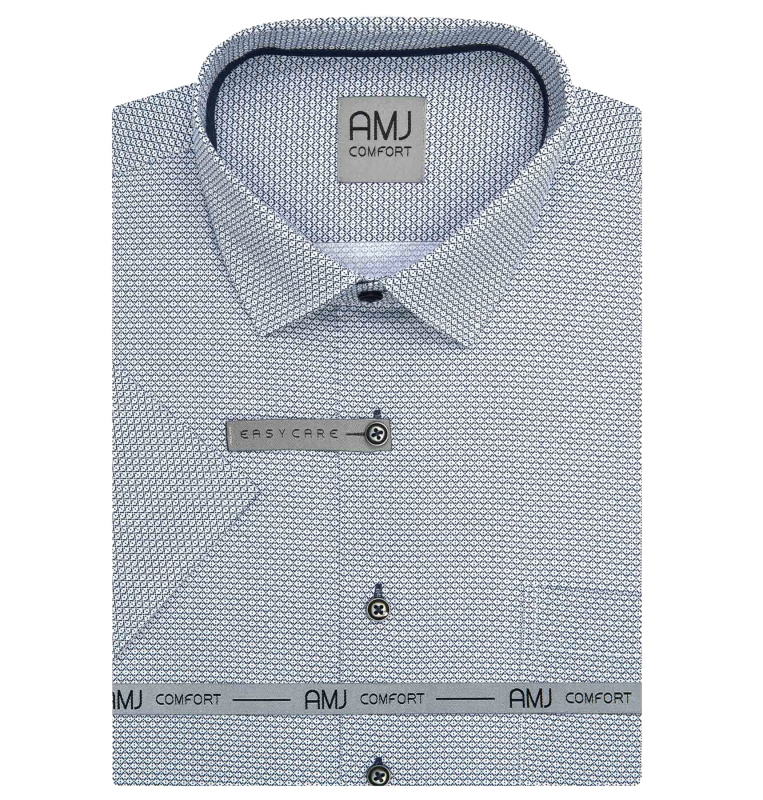 AMJ Pánská košile bavlněná, bílá, tmavě modře síťovaná, VKSBR1431, krátký rukáv, slim fit, vel. 45