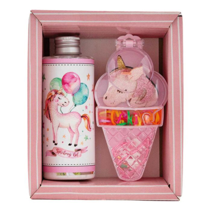 Bohemia Gifts Dětská kosmetická sada pro holky – sprchový gel 200 ml a sada gumiček do vlasů Jednorožec
