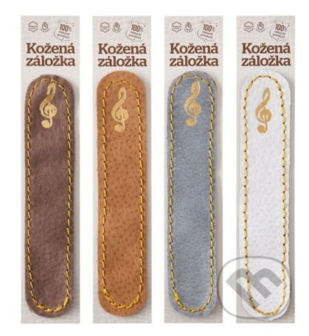Kožená záložka do knihy Husľový kľúč (hnedá semišová, zlatý obrázok)