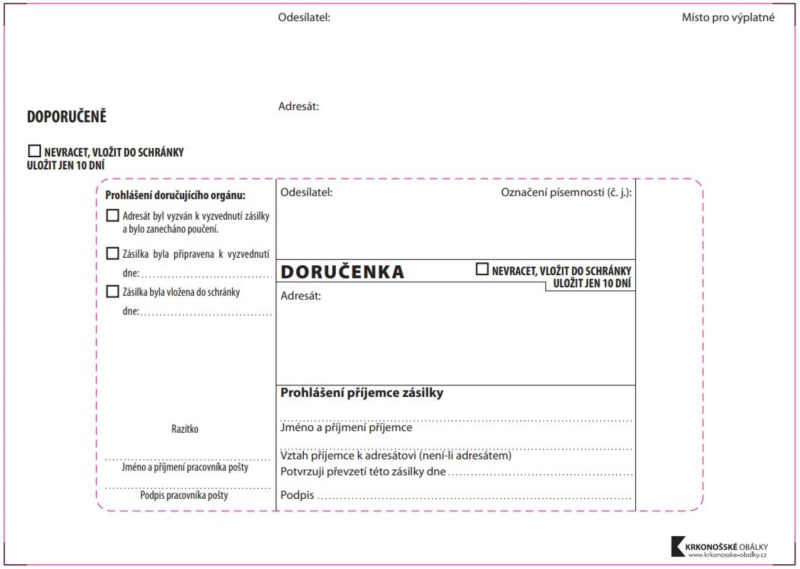 Krkonošské obálky Obálky B6 - Doručenka o správním řízení - bílá, samolepicí, 100 ks
